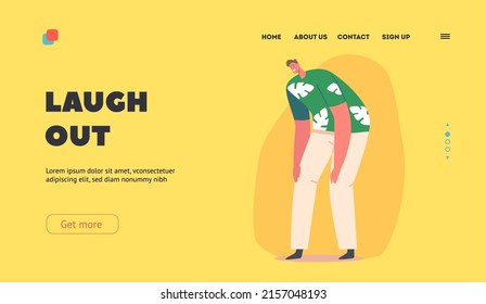 Laugh Out, Positive Emotion, Joke. Landing Page Template. Joyous Caucasian Man Crying of Laughter with Closed Eyes, Young Male Character Laughing at Funny Moments. Cartoon People Vector Illustration