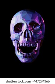 Laugh purple skull in low poly graphic style on dark background