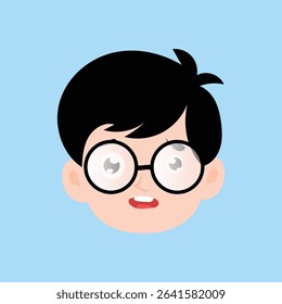 Laugh, sad expression boy wearing white glass design