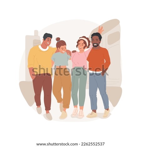 Laugh together isolated cartoon vector illustration. Human relationship, friendship, group of friends laughing and hugging, having good time together, positive mood, social life vector cartoon.