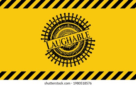 Laughable Black Grunge Emblem, Yellow Warning Sign. Vector Illustration. Detailed. 