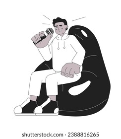 Laughing african american man beanbag chair black and white 2D cartoon character. Tv show host adult black guy holding mic isolated vector outline person. Comedian monochromatic flat spot illustration