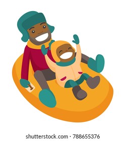 Laughing african-american father with son sledding down on snow rubber tube in the winter park. Concept of outdoor winter leisure activity. Vector cartoon illustration isolated on white background.