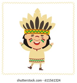 Laughing american Indian in headdress of feathers in cartoon style.