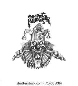 Laughing angry joker head, face horror and crazy maniac. Evil smiling character., Hand Drawn Sketch Vector illustration.