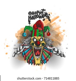 Laughing angry joker head, face horror and crazy maniac. Evil smiling character., Hand Drawn Sketch Vector illustration.