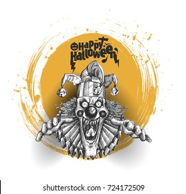 Laughing angry joker head, face horror and crazy maniac. Evil smiling character., Hand Drawn Sketch Vector .