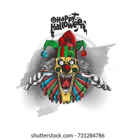 Laughing angry joker head, face horror and crazy maniac. Evil smiling character., Hand Drawn Sketch Vector illustration.