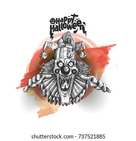 Laughing angry joker head, face horror and crazy maniac. Evil smiling character., Hand Drawn Sketch Vector illustration.