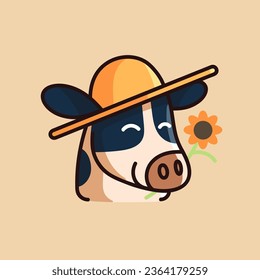 Cara animal riéndose. Rompecabezas de cerezo en el sombrero, sonrisa de ganado casero, hocico feliz de mascota con flor. Pegatina infantil con emoción positiva y ánimo. Ilustración vectorial aislada plana