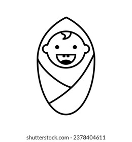 Laughing baby in diaper with pacifier icon. Cheerful child wrapped in cocoon with black vector blanket