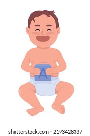 Laughing baby with letter cube semi flat color vector character. Editable figure. Full body person on white. Simple cartoon style illustration for web graphic design and animation. Quicksand font