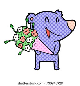 laughing bear cartoon with flowers