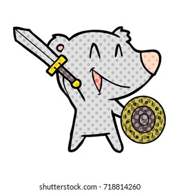 laughing bear cartoon with sword and shield