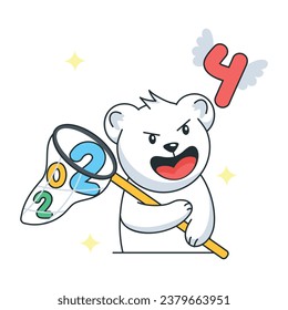 Laughing bear with catching net, doodle style sticker