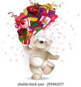 Laughing bear and a lot of gifts in boxes on a white background