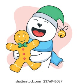 Laughing bear with gingerbread man, trendy flat sticker