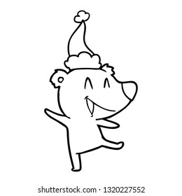 laughing bear hand drawn line drawing of a wearing santa hat
