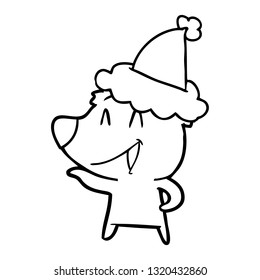 laughing bear hand drawn line drawing of a wearing santa hat