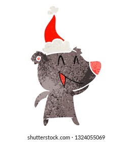 laughing bear hand drawn retro cartoon of a wearing santa hat