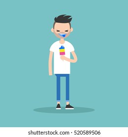Laughing bearded man showing his colored blue tongue / flat editable vector illustration, clip art