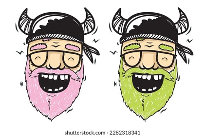 Laughing biker in viking helmet with pink and green beard
