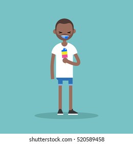 Laughing black man showing his colored blue tongue / flat editable vector illustration, clip art