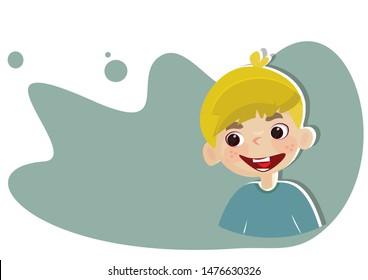 Laughing blond boy, preschooler age, wearing mint blue t shirt