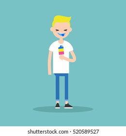 Laughing blonde teen showing his colored blue tongue / flat editable vector illustration, clip art