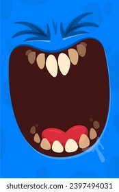 Laughing blue cartoon monster face.   Halloween design. Great for party decoration or package design