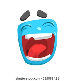 Laughing Blue Emoji Cartoon Square Funny Emotional Face Vektorfarbiger Aufkleber