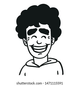 a laughing boy with a black curly head. outline, doodle, comic, monochrome.