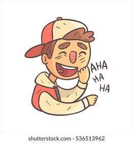 Laughing Boy In Cap And College Jacket Hand Drawn Emoji Cool Outlined Portrait
