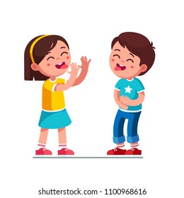 Laughing boy and girl kids showing tongues joking & teasing making silly grimace. Kids playing laughing holding belly. Teasing children cartoon characters having fun together. Flat vector illustration