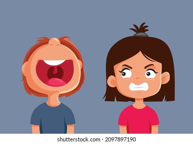 
Laughing Boy Making Jokes Upsetting His Sister Vector Cartoon. Brother poking fun at his not amused relative upset by mockery and insulting laughter
