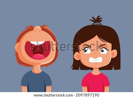 
Laughing Boy Making Jokes Upsetting His Sister Vector Cartoon. Brother poking fun at his not amused relative upset by mockery and insulting laughter
