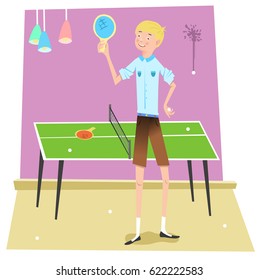 Laughing boy with ping-pong paddle standing in front of table tennis table (vintage style cartoon)