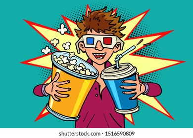 laughing boy in stereo glasses at the cinema with popcorn and cola. Comic cartoon pop art retro vector illustration drawing