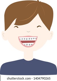 Laughing boy wearing braces  tooth system. Vector illustration.