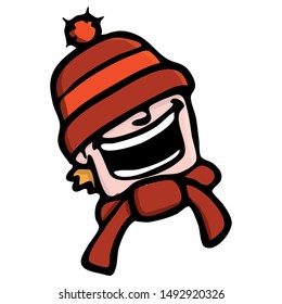 laughing boy with winter hat and scarf. red, vector, illustration, comic.