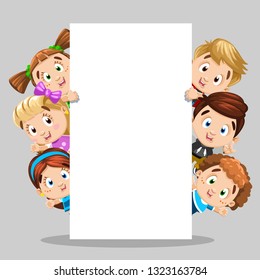 Laughing boys and girls in colored dresses and shirts waving hands, peeping right and left out white paper sheet. Template, mockup, place for text, copy space. Cartoon illustration isolated on grey.
