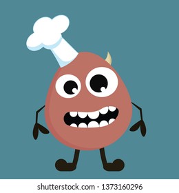 A laughing brown-colored cartoon monster with a horn and wearing a cloud-shaped hat over blue background vector color drawing or illustration 