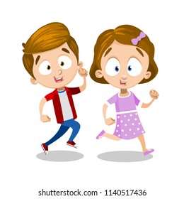 Laughing brown-eyed boy in red shirt and blue-eyed girl in pink dress in dots and bow in her hair are happy running. Cartoon positive children in movement. Colorful illustration on white background