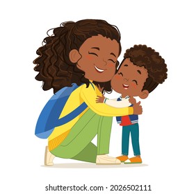 Laughing brunette African American young mother hugging little cute son enjoying motherhood vector