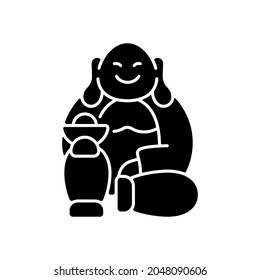 Laughing Buddha black glyph icon. Pray for prosperity, wealth. Chinese traditions. Spirituality, religion. Feng shui. Wish for fortune. Silhouette symbol on white space. Vector isolated illustration