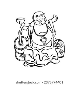 Laughing Buddha, Hotei, god of luck, happiness, wealth. Vector. Japanese traditions, East, China. Illustration, hand drawing, ink, brush. Black on white. Eps10