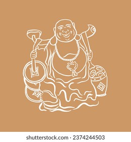 Laughing Buddha, Hotei, god of luck, happiness, wealth, prosperity. Vector. Japan, China, oriental culture, feng shui. Illustration, hand drawing, ink, sketch, doodle. White on beige. Eps10