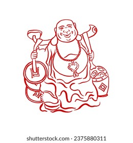 Riendo Buda, Hotei, dios de la suerte, felicidad, riqueza, prosperidad. Vector. Japón, China, cultura oriental, tradiciones antiguas, feng shui. Ilustración, dibujo, tinta, doodle. Rojo en blanco. Eps10