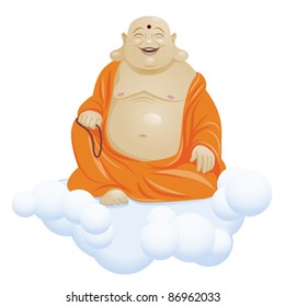 Laughing Buddha or Hotei sitting on a cloud