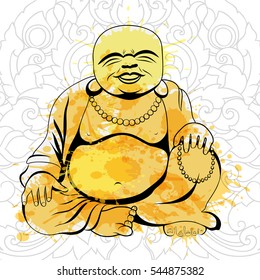 Laughing Buddha or Hotei sitting. Vector illustration.